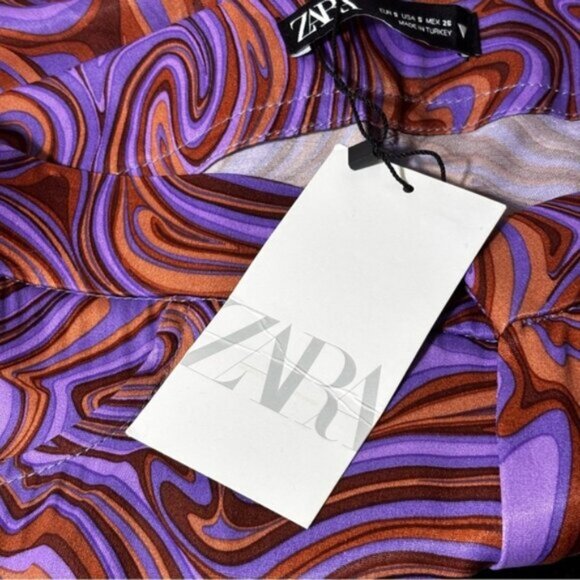 Zara Women Small Pants Purple Brown Swirl High Rise Retro Hippie Flared 60-70’s - Picture 6 of 12